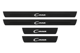Catalog illustration of two front and two rear black Matte PRO door sill plates with stylized C-Max lettering and flanking lines illuminated on top; opaque unlit side edges. Final dimensions selected for Ford C-Max I C214 during manufacture.