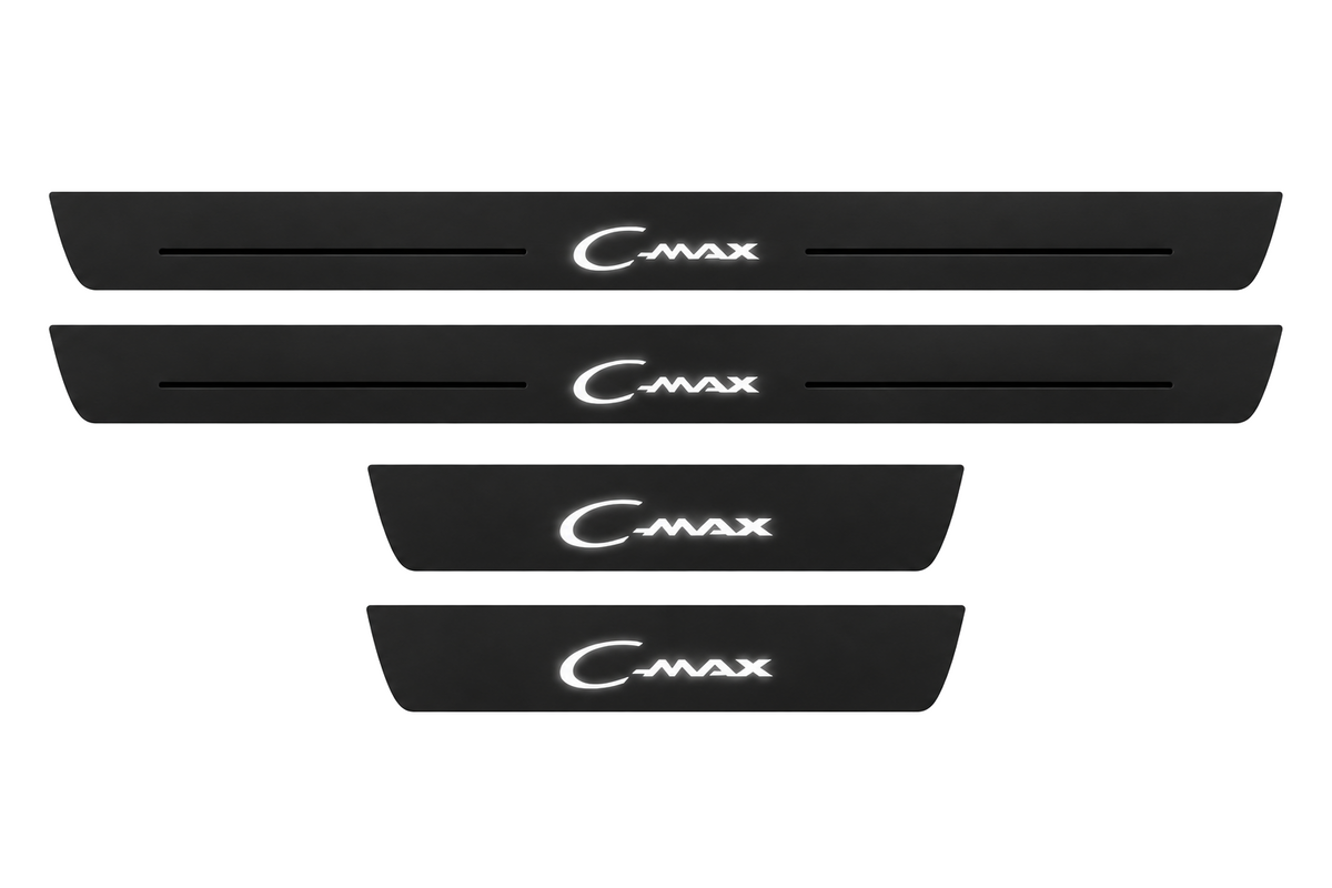 Catalog illustration of two front and two rear black Matte PRO door sill plates with stylized C-Max lettering and flanking lines illuminated on top; opaque unlit side edges. Final dimensions selected for Ford C-Max I C214 during manufacture.