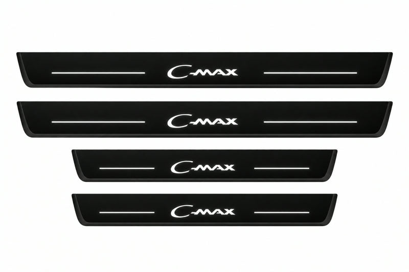 Catalog illustration of two front and two rear black Matte PRO LED door sill plates with illuminated C-Max lettering for Ford C-Max II C344.