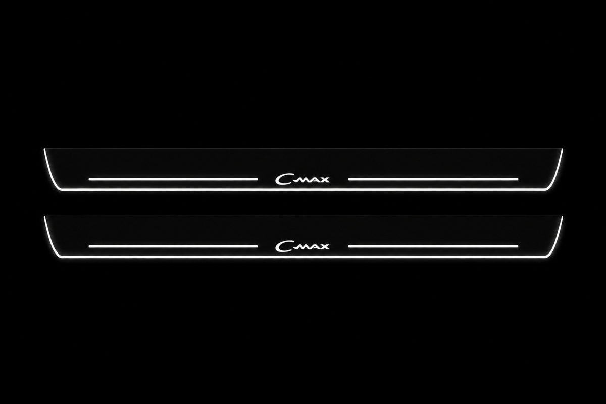 Product visualization: two flat C-Max I front plates, small original logo and long bars. Black night background, unlit stainless face nearly hidden, white illuminated artwork, bars and real side/end edges with soft glow.