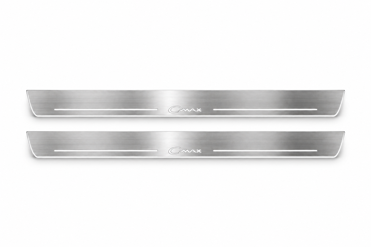Product visualization: two Ford C-Max I FRONT, small exact C-Max artwork flat brushed stainless steel door sill plates with white LED artwork and edges, white background.