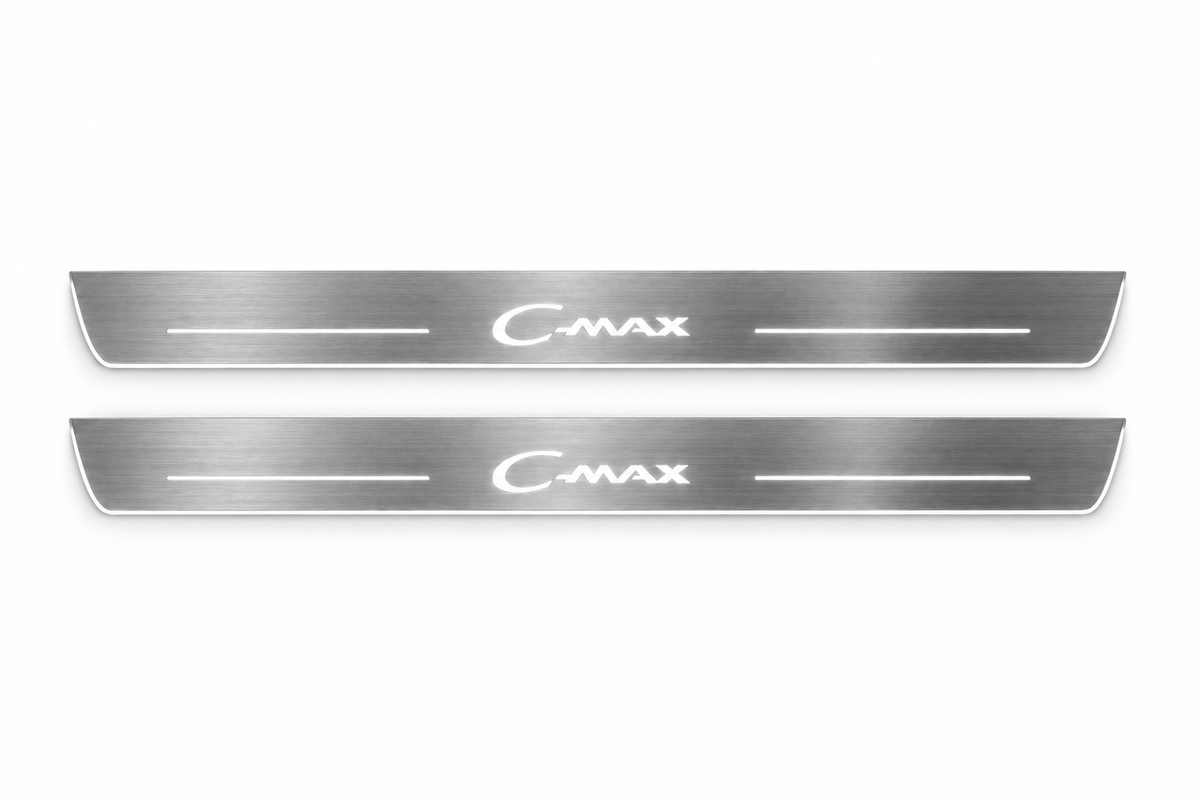 Product visualization: two flat brushed stainless steel Ford C-Max front door sill plates with white illuminated lettering, bars and edges on a white background.