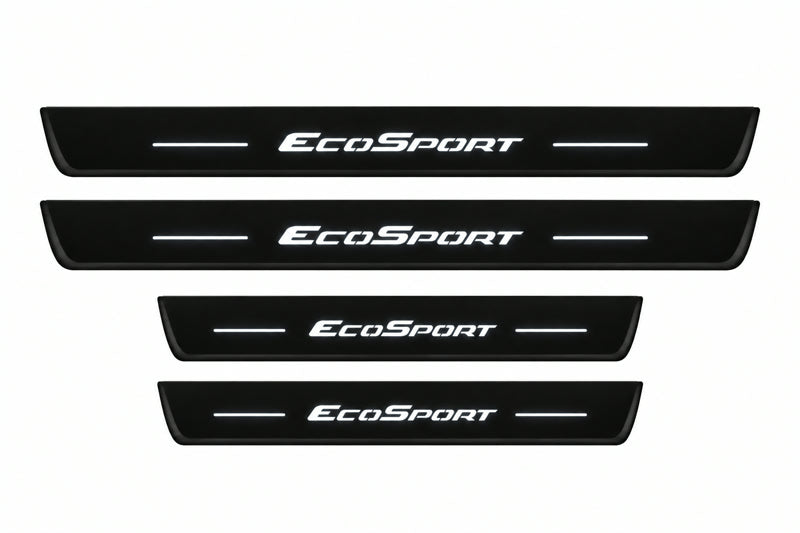 Catalog illustration of two front and two rear black Matte PRO LED door sill plates with illuminated EcoSport lettering for Ford EcoSport B515.