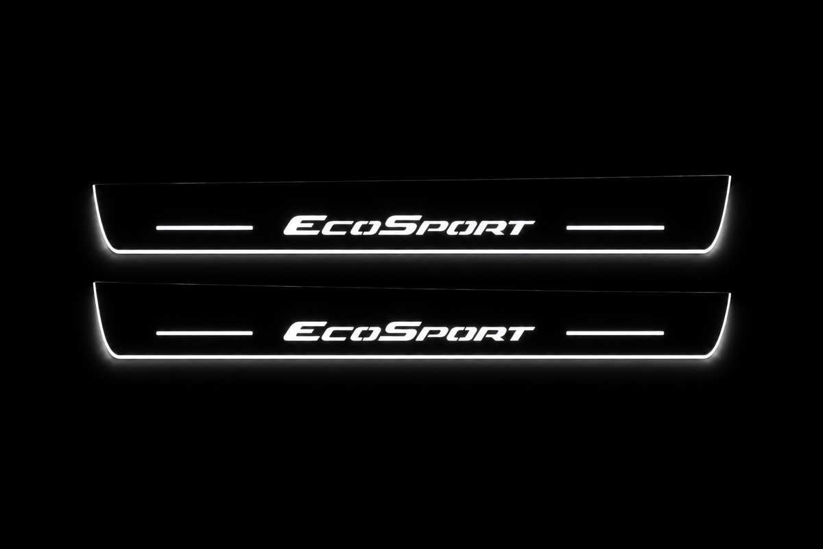 Product visualization: two flat EcoSport front sill plates. Black night background, unlit stainless face nearly hidden, white illuminated artwork, bars and real side/end edges with soft glow.