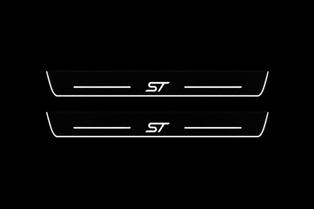Product visualization: two flat Ford Edge ST front plates with exact ST logo and bars. Black night background, unlit stainless face nearly hidden, white illuminated artwork, bars and real side/end edges with soft glow.