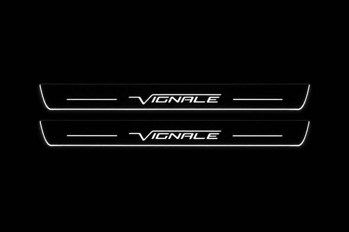 Product visualization: two exact slender Edge Vignale front plates with own logo overline and bars flat brushed stainless steel door sill plates with white LED artwork and edges, dark background.