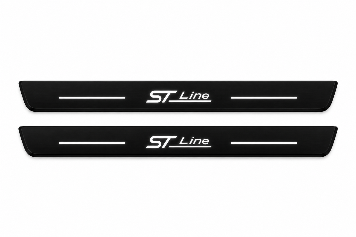 Catalogue illustration of two front black Matte PRO plates with illuminated ST Line lettering and horizontal top lines. Side edges are unlit; FRONT+REAR includes two rear plates not shown. Dimensions are selected for the Ford Escape CX482 during manufacture.