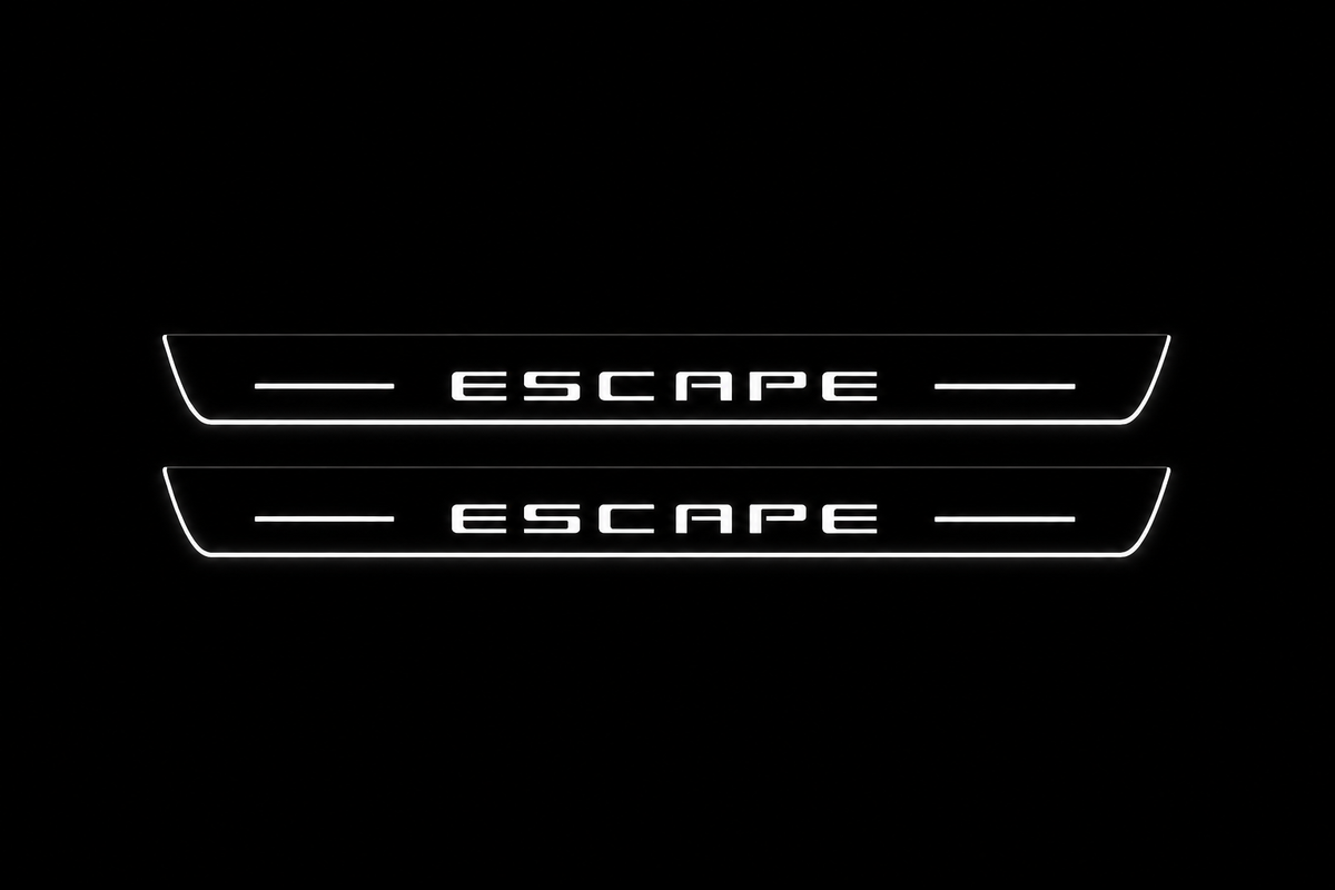 Product visualization: two exact Escape front plates with original ESCAPE lettering and bars flat brushed stainless steel door sill plates with white LED artwork and edges, dark background.