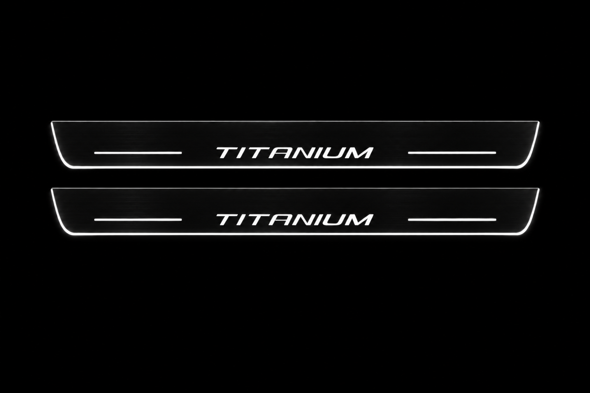 Product visualization: two flat Escape Titanium front plates, original lettering and bars. Black night background, unlit stainless face nearly hidden, white illuminated artwork, bars and real side/end edges with soft glow.