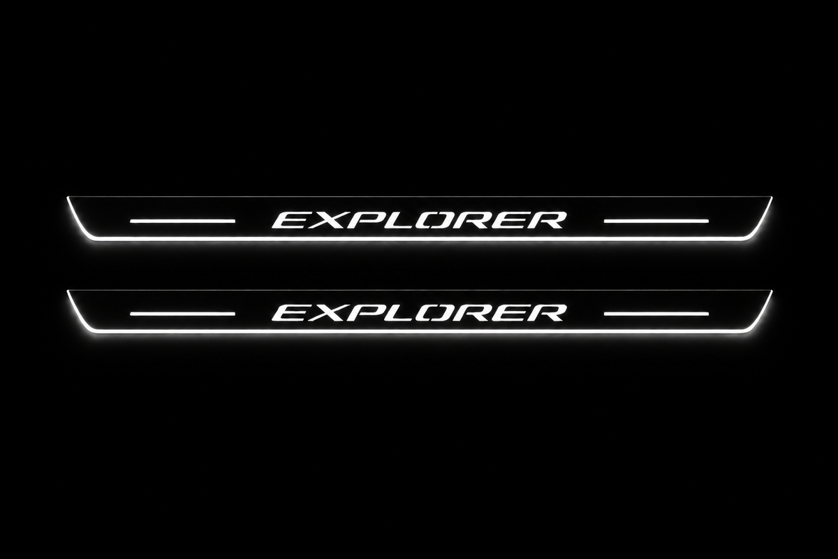 Product visualization: two flat Explorer front plates with exact lettering and bars. Black night background, unlit stainless face nearly hidden, white illuminated artwork, bars and real side/end edges with soft glow.