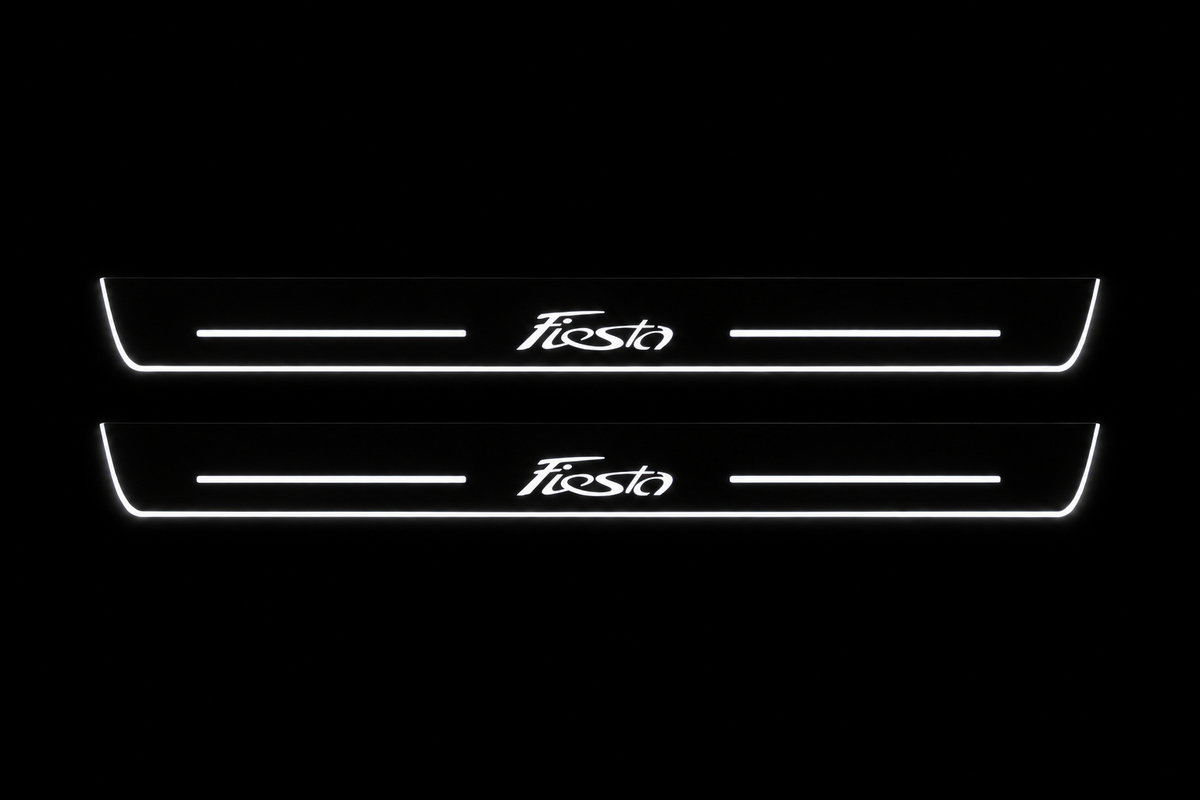 Product visualization: two flat Fiesta front plates with original script and bars. Black night background, unlit stainless face nearly hidden, white illuminated artwork, bars and real side/end edges with soft glow.