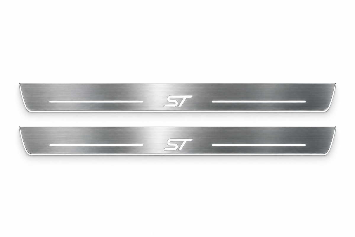Product visualization: two Ford Fiesta ST FRONT flat brushed stainless steel door sill plates with white LED artwork and edges, white background.