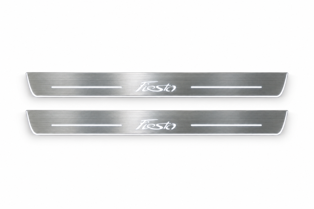 Product visualization: two Ford Fiesta FRONT flat brushed stainless steel door sill plates with white LED artwork and edges, white background.