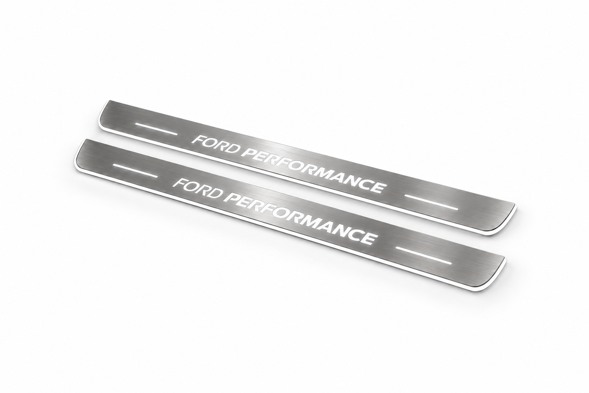 Product visualization: focus-c346-performance exact source artwork, two flat front plates flat brushed stainless steel door sill plates with white LED artwork and edges, white background.