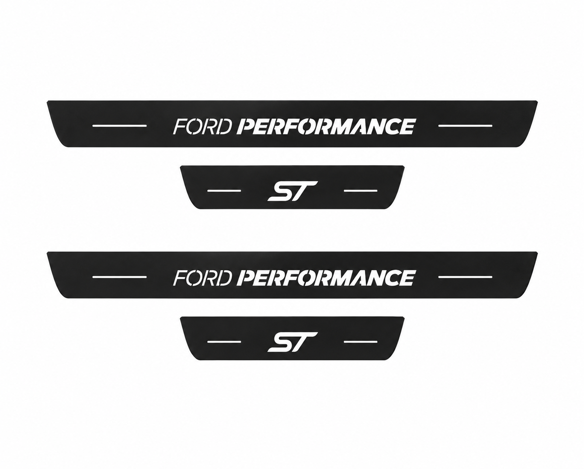 Ford Focus DEW98 Ford Perfomance Type 1 Matte PRO LED door sills, four-piece catalogue illustration, matte black with white illumination