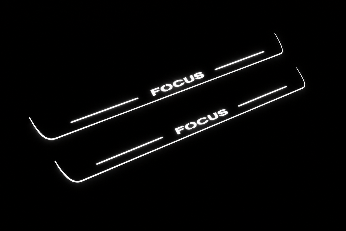 Product visualization: two exact focus-ii-block-diagonal flat Stainless front plates, own source geometry and lettering; hidden night metal, white LED zones flat brushed stainless steel door sill plates with white LED artwork and edges, dark background.