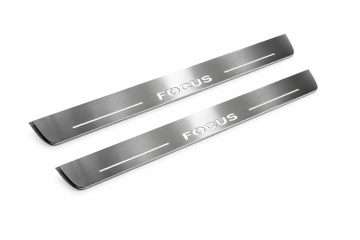 Product visualization: two exact focus-ii-block-diagonal flat Stainless front plates, own source geometry and lettering; hidden night metal, white LED zones flat brushed stainless steel door sill plates with white LED artwork and edges, white background.