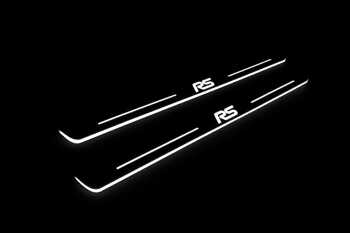 Product visualization: two exact focus-iii-rs-diagonal flat Stainless front plates, own source geometry and lettering; hidden night metal, white LED zones flat brushed stainless steel door sill plates with white LED artwork and edges, dark background.