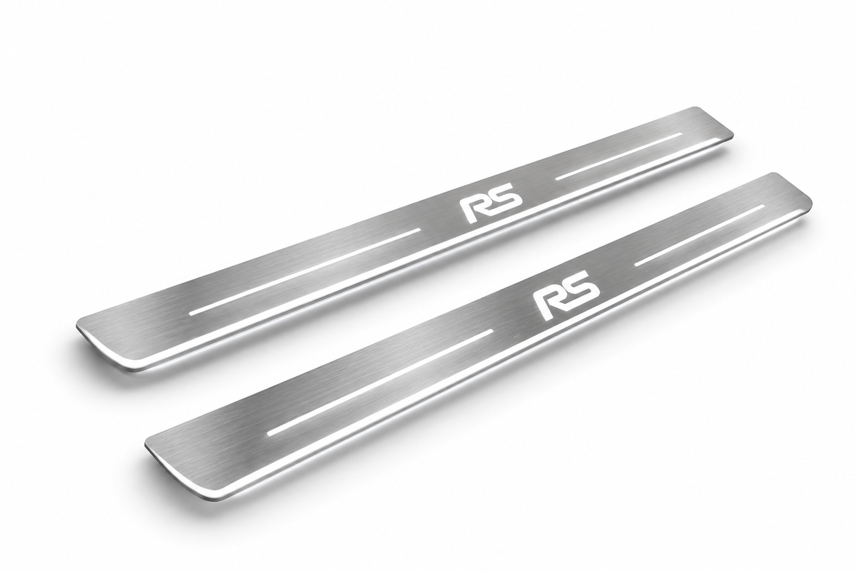 Product visualization: two exact focus-iii-rs-diagonal flat Stainless front plates, own source geometry and lettering; hidden night metal, white LED zones flat brushed stainless steel door sill plates with white LED artwork and edges, white background.