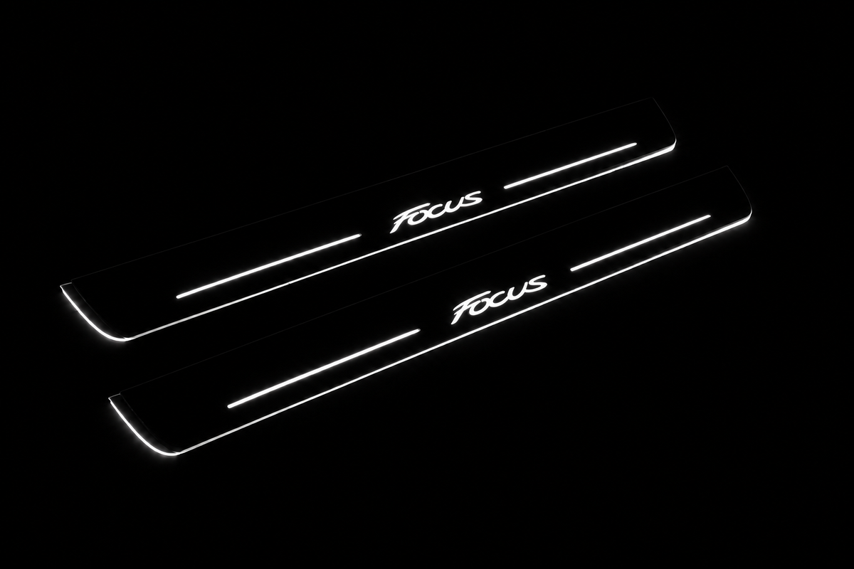 Product visualization: two exact focus-iii-script-diagonal flat Stainless front plates, own source geometry and lettering; hidden night metal, white LED zones flat brushed stainless steel door sill plates with white LED artwork and edges, dark background.