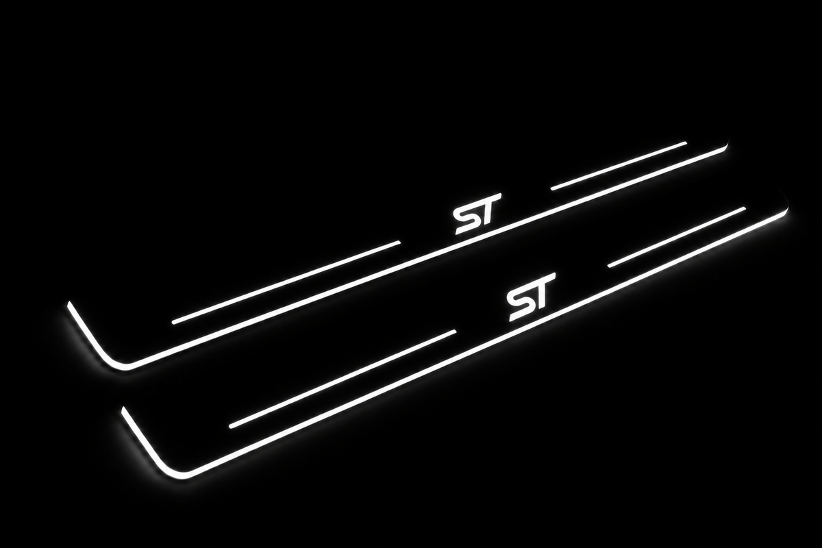 Product visualization: two exact focus-iii-st-diagonal flat Stainless front plates, own source geometry and lettering; hidden night metal, white LED zones flat brushed stainless steel door sill plates with white LED artwork and edges, dark background.