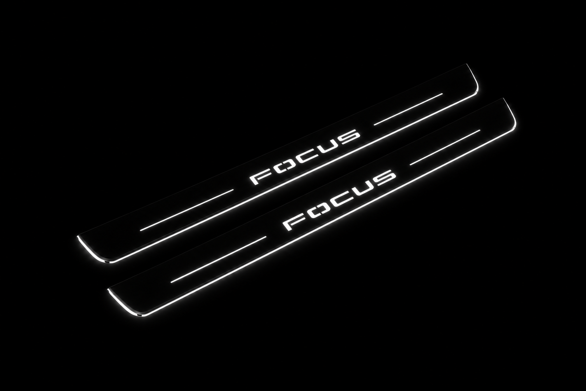 Product visualization: two exact focus-iv-diagonal flat Stainless front sill plates with original artwork, neutral white LEDs and own thin-edge geometry flat brushed stainless steel door sill plates with white LED artwork and edges, dark background.