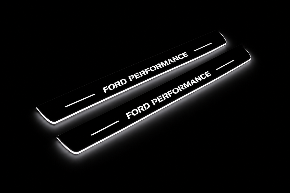 Product visualization: Ford Performance wordmark, two exact matching source plates flat brushed stainless steel door sill plates with white LED artwork and edges, dark background.