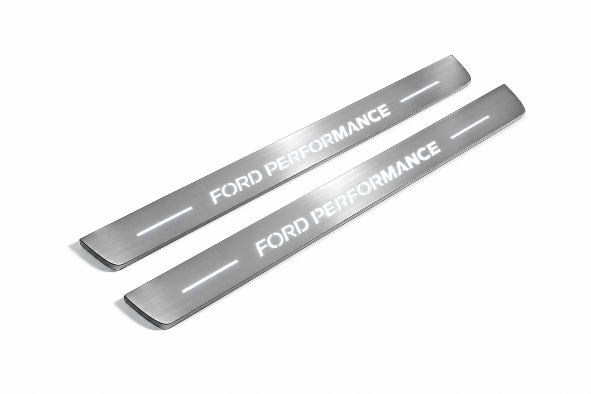 Product visualization: Ford Performance wordmark, two exact matching source plates flat brushed stainless steel door sill plates with white LED artwork and edges, white background.