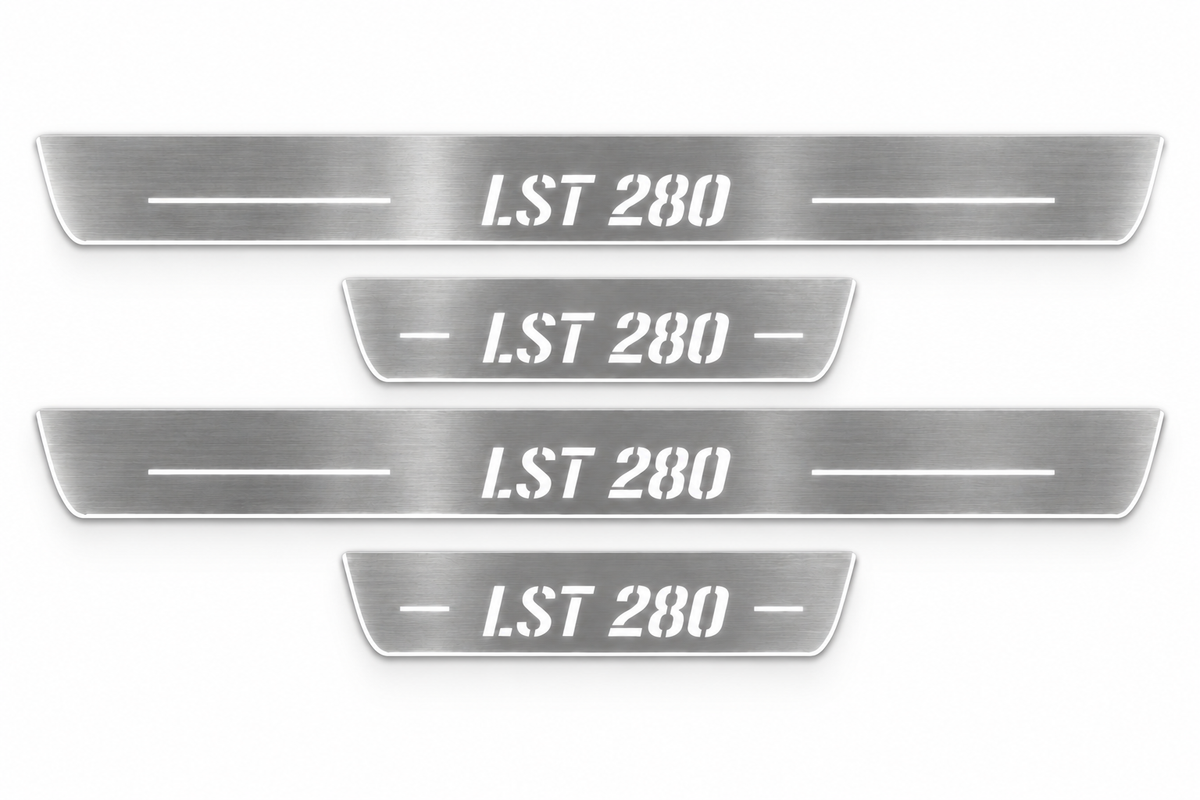 Product visualization: four Ford Focus LST280 FRONT+REAR flat brushed stainless steel door sill plates with white LED artwork and edges, white background.