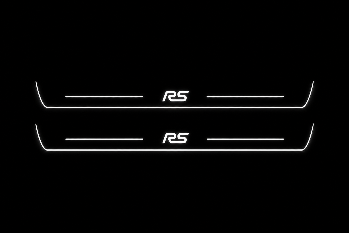 Product visualization: two Ford Focus RS front plates, exact original RS logo and bars; main metal hidden in black night lighting, white LED art and side/end edges; white secondary shows silver metal flat brushed stainless steel door sill plates with white LED artwork and edges, dark background.