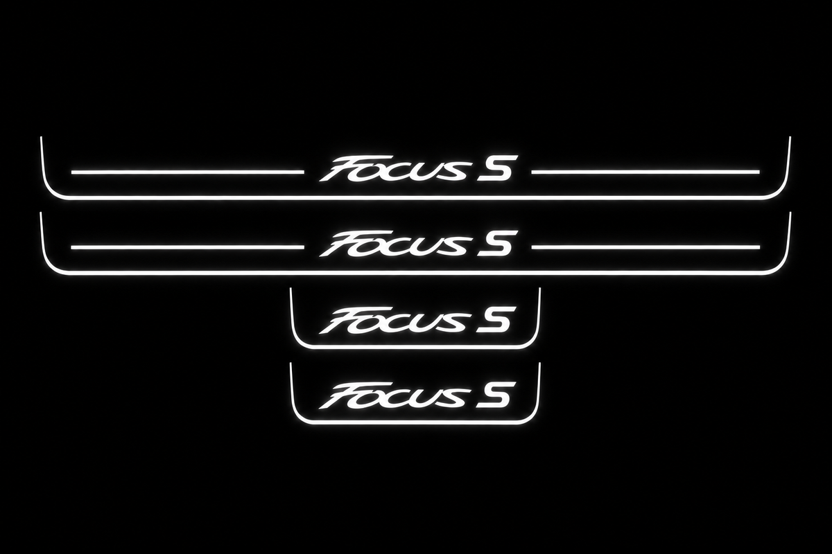 Product visualization: four original flat Focus S sill plates, two front with bars and two shorter rear without bars flat brushed stainless steel door sill plates with white LED artwork and edges, dark background.