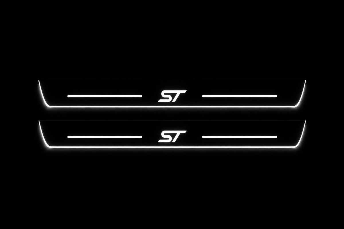 Product visualization: two flat Ford Focus ST front plates with exact ST logo and bars. Black night background, unlit stainless face nearly hidden, white illuminated artwork, bars and real side/end edges with soft glow.