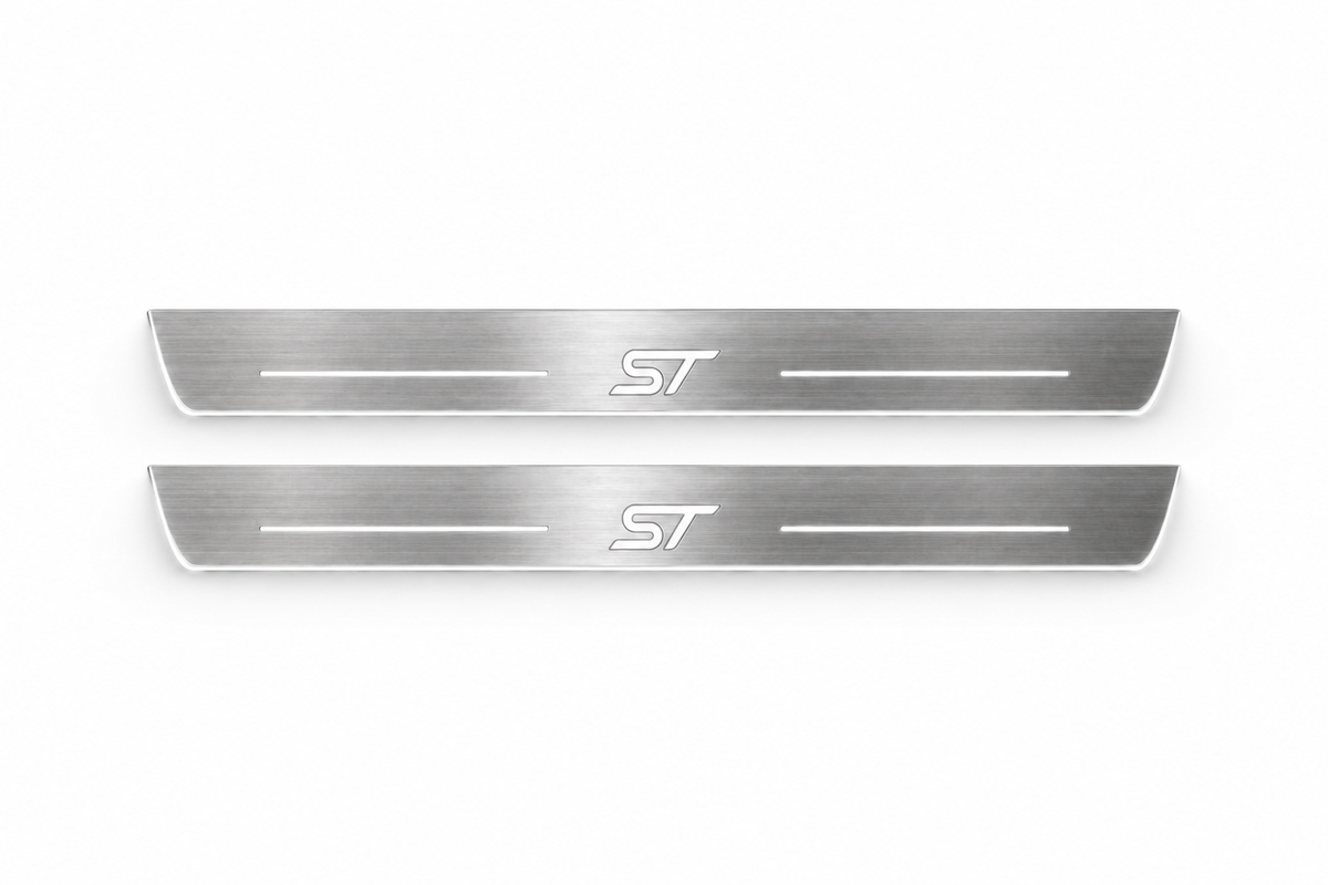 Product visualization: two Ford Focus ST FRONT flat brushed stainless steel door sill plates with white LED artwork and edges, white background.
