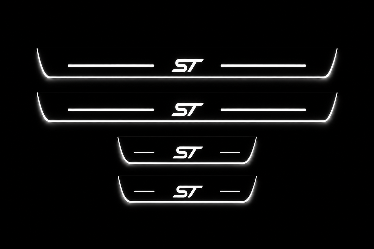 Product visualization: four flat Stainless Steel door-sill plates, two long front and two shorter rear plates. Original artwork and actual edge/end LED zones illuminated white on black; not an installation photograph.