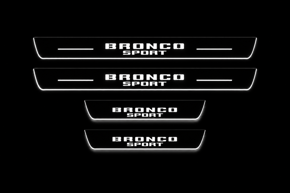 Product visualization: four flat Stainless Steel door-sill plates, two long front and two shorter rear plates. Original artwork and actual edge/end LED zones illuminated white on black; not an installation photograph.
