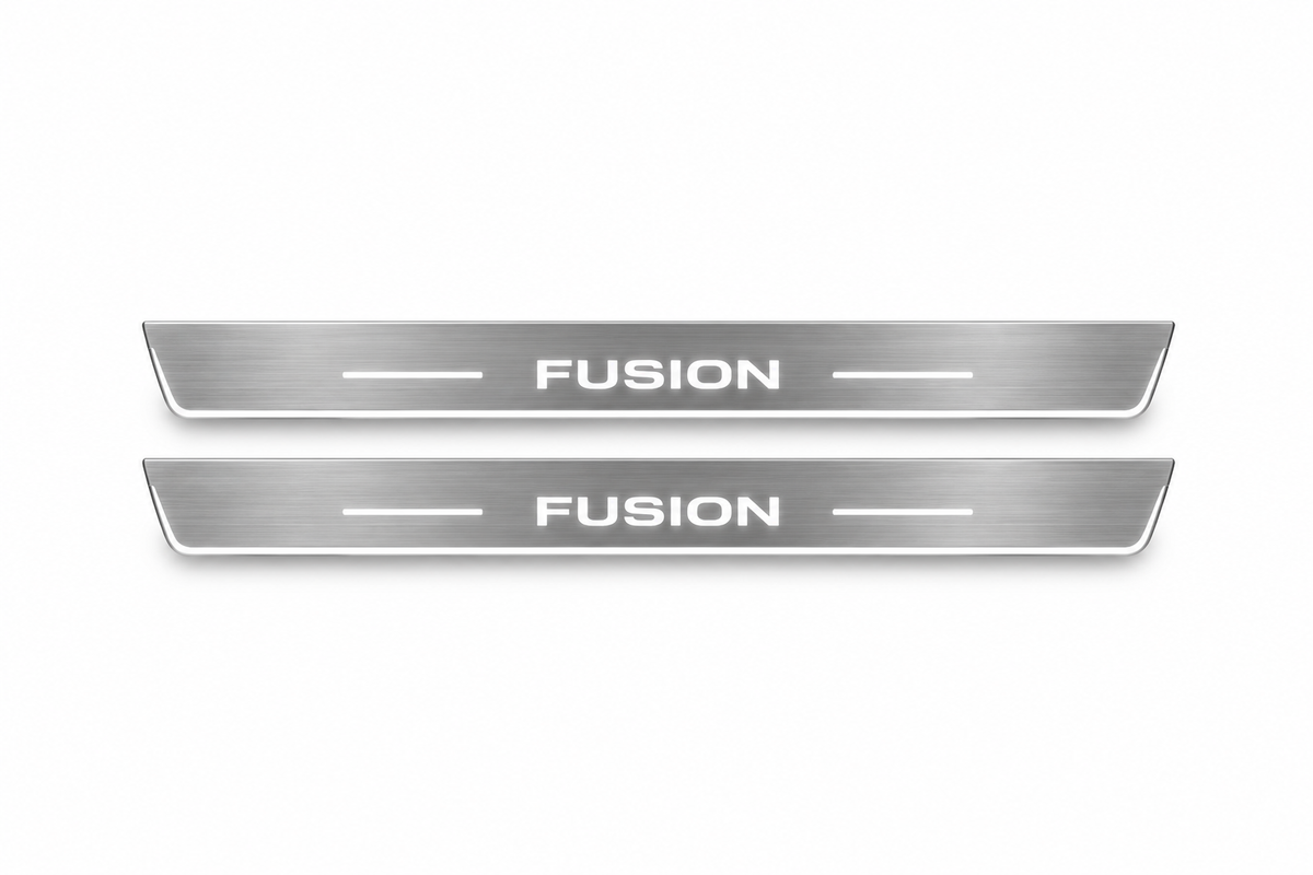 Product visualization: two flat long front plates with original squared FUSION lettering, side bars and Stainless edge LEDs; outline checked against saved exact material pair flat brushed stainless steel door sill plates with white LED artwork and edges, white background.