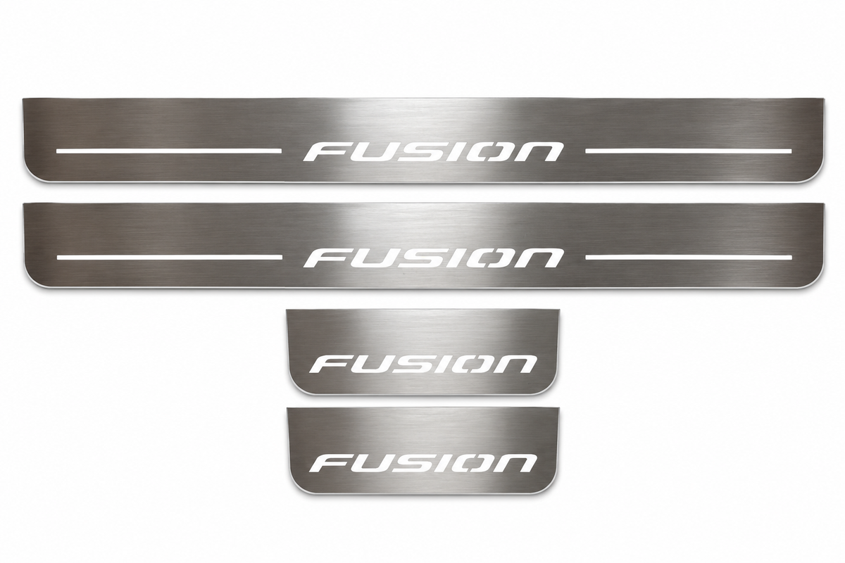 Product visualization: four original flat Fusion sill plates, two front with bars and two shorter rear without bars; white illumination flat brushed stainless steel door sill plates with white LED artwork and edges, white background.