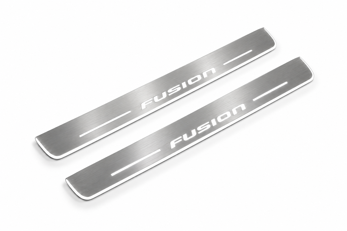 Product visualization: FUSION exact stencil, two flat source front plates flat brushed stainless steel door sill plates with white LED artwork and edges, white background.