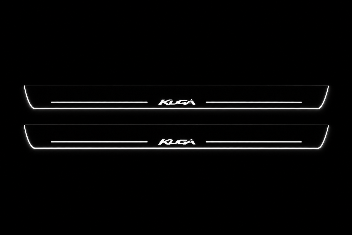Product visualization: two exact Kuga front plates, own script and bars; dark main nearly invisible metal and white LED, white secondary visible silver flat brushed stainless steel door sill plates with white LED artwork and edges, dark background.