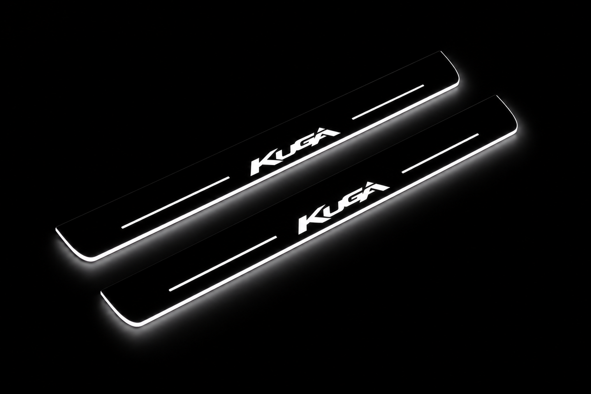 Product visualization: Ford Kuga logo, two exact matching source plates flat brushed stainless steel door sill plates with white LED artwork and edges, dark background.