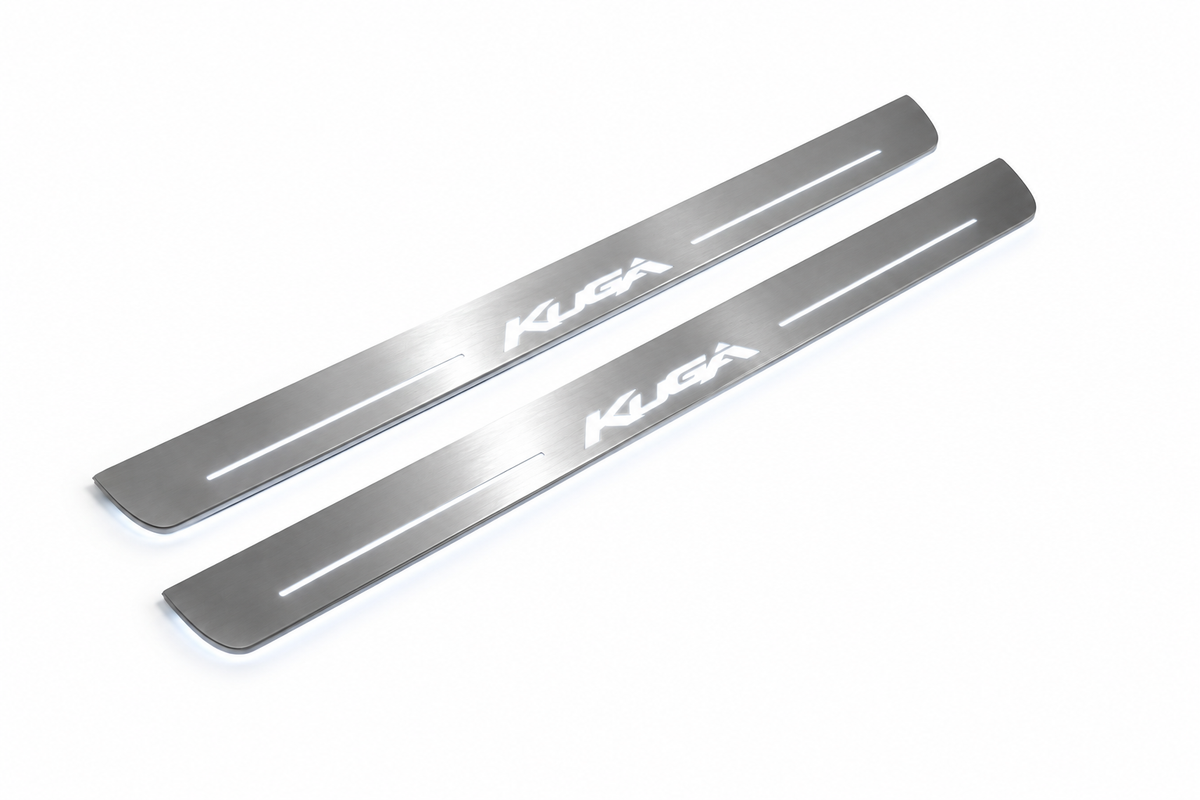 Product visualization: Ford Kuga logo, two exact matching source plates flat brushed stainless steel door sill plates with white LED artwork and edges, white background.