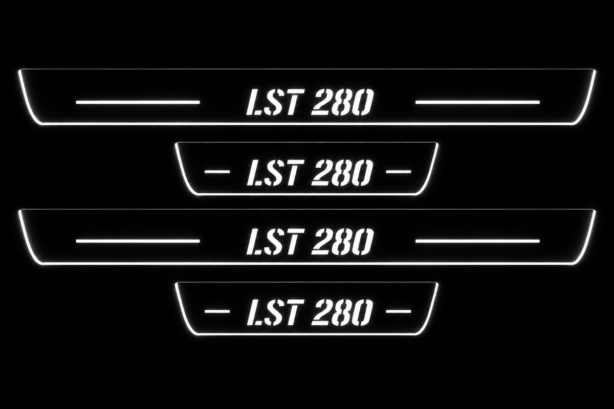 Product visualization: four flat LST 280 front and rear plates with exact original stencil letters and bars. Black night background, unlit stainless face nearly hidden, white illuminated artwork, bars and real side/end edges with soft glow.