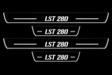 Product visualization: four flat LST 280 front and rear plates with exact original stencil letters and bars. Black night background, unlit stainless face nearly hidden, white illuminated artwork, bars and real side/end edges with soft glow.
