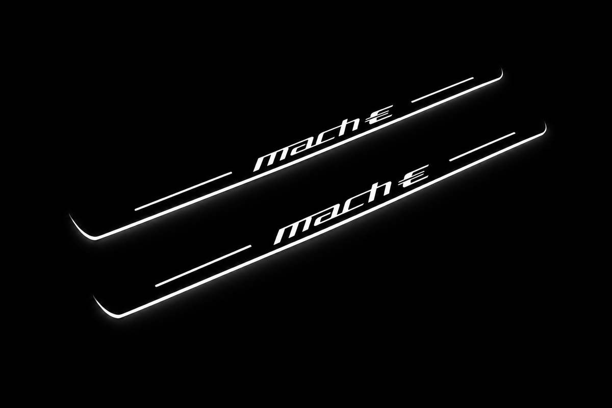 Product visualization: two exact original mach-e-logo-diagonal flat Stainless front plates; all source artwork retained and actual LED edges white flat brushed stainless steel door sill plates with white LED artwork and edges, dark background.