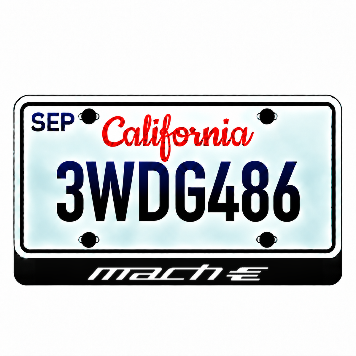 Ford Mach-E illuminated LED license plate badge with the shown artwork below an illustrative US plate; plate not included