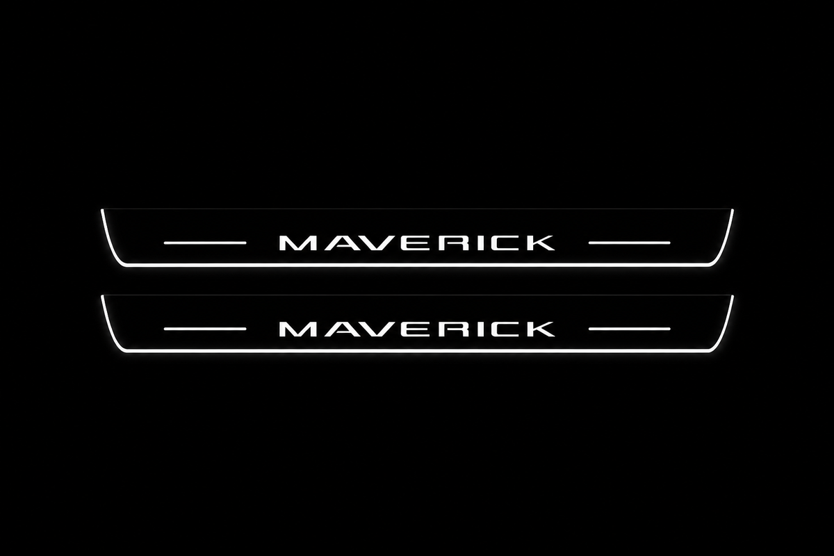 Product visualization: two flat front plates with exact MAVERICK lettering and side bars flat brushed stainless steel door sill plates with white LED artwork and edges, dark background.
