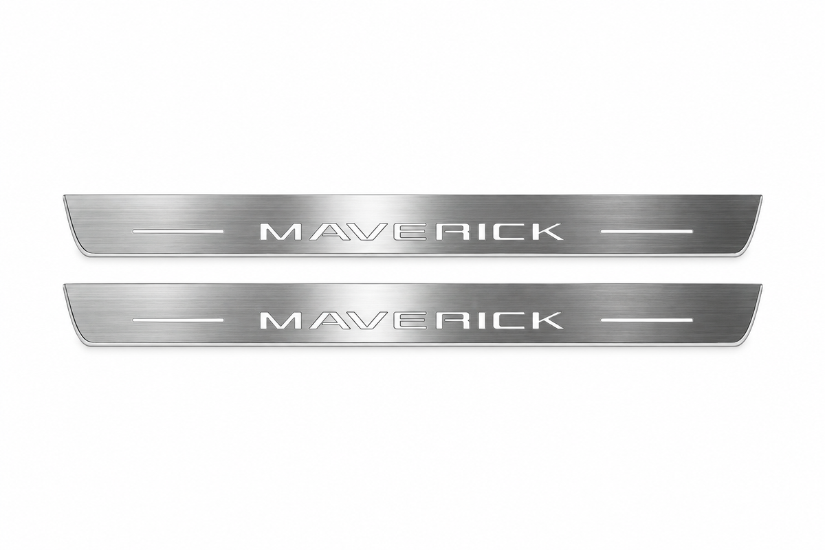 Product visualization: two flat front plates with exact MAVERICK lettering and side bars flat brushed stainless steel door sill plates with white LED artwork and edges, white background.