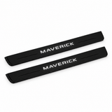 Catalogue illustration of two black Matte PRO front door sill plates with illuminated MAVERICK lettering on the top surface. Edges are unlit; rear plates for FRONT+REAR are not pictured. Final dimensions are selected for Ford Maverick P758 during manufacture.