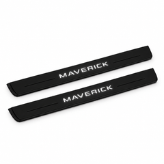 Catalogue illustration of two black Matte PRO front door sill plates with illuminated MAVERICK lettering on the top surface. Edges are unlit; rear plates for FRONT+REAR are not pictured. Final dimensions are selected for Ford Maverick P758 during manufacture.
