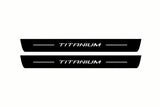 Catalogue illustration of two front black Matte PRO LED door sill plates with illuminated Titanium lettering for Ford Mondeo Estate CD391; dimensions are selected during manufacture.